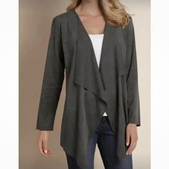 Soft Surroundings Cardigan Blazer Women Medium Gray Faux Suede Waterfall Flyaway - Picture 1 of 9
